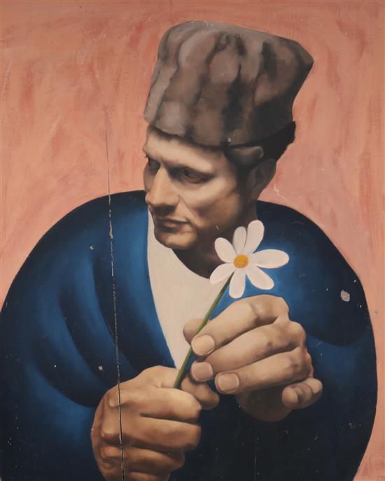 Unsigned oil on panel - study of a man holding a flower 96 x 78cm